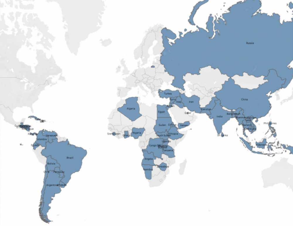 کشورهایی که نظامیانشان در اقتصاد حضور دارند به رنگ آبی در این نقشه مشخص شده‌اند